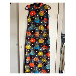 Vintage geometric 60s 70s maxi dress with high collar
